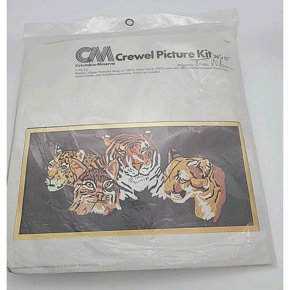 Columbia Minerva Crewel Picture Craft Kit‎ Animal Collage Tiger Cat Vtg 70s 7690